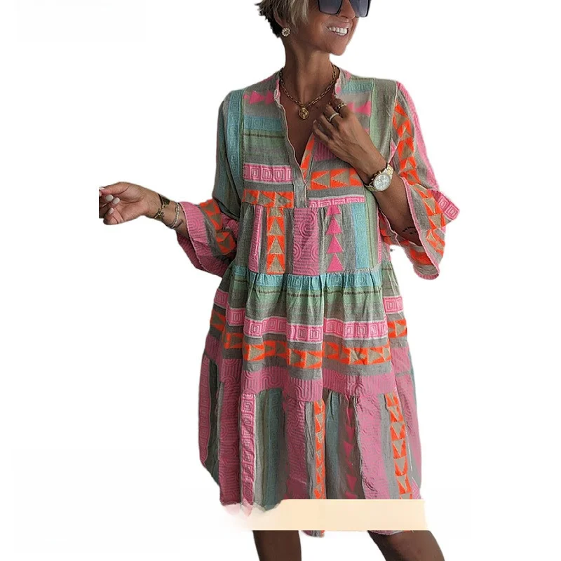 秋の新作 レディース ドクタープリント Vネック 七分袖 ドクタープリント コットンリネン素材 ベルスリーブ ヨーロピアンスタイル