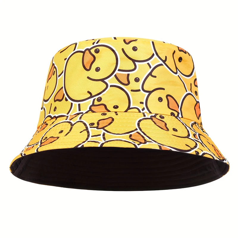 Fashion hip hop two-sided bucket hat Women Men Panama Bucket Hat Little Yellow Duck Print Fisherman hats outdoor Fishing Sun Hat