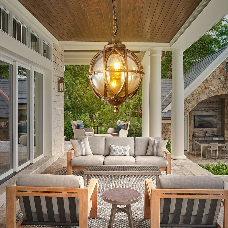 American Indoor Outdoor Waterproof Glass LED Pendant Lamp Sphere E27 Chandelier Courtyard Corridor Balcony Villa Garden Lighting