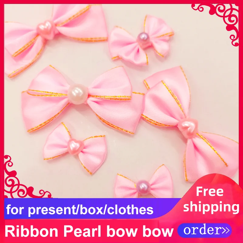 Free Shipping 100pieces/lot Ribbon Pearl Bow Festival Birthday Wall Decorate Diy Handmade Cake Gift Presents Box Cloth Wholesale