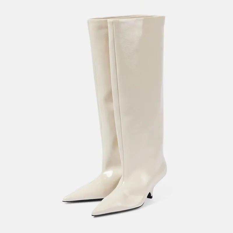 Women Pointed Toe Low Heeled Shoes for Woman's Slip-On Knee High Europe America Botas Mujer 2025 Winter Motorcycle Long Boots