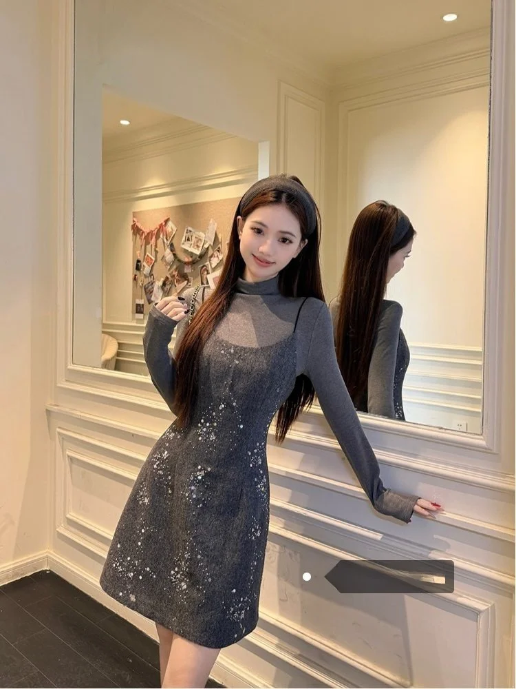 Ele ey High Collar Base T-irt Women's Winter New Sparkling Waist Cinch ter Dr Two Piece Set Faionable Ensemble