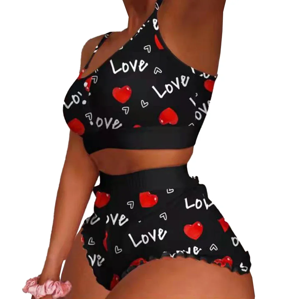 

Women Fashion Printed Lace Pajamas Set Suspenders Vest Bra Crop Tops Shorts 2pcs Sleepwear Sweet Loose Nightwear Lingerie