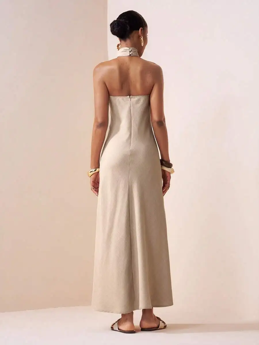 

Solid Halter Neck Backless Maxi Dress For Women