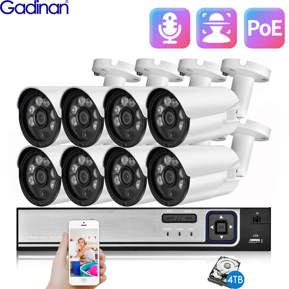 Gadinan 4/8CH 2.8mm Wide Angle 5MP IP Camera Face Detection Outdoor POE NVR Security System Kit AI Audio SONY IMX335 CCTV Camera