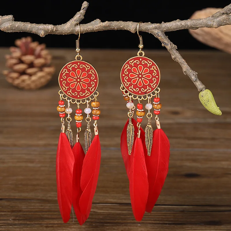 Boho Lange Feder Baumeln frauen Ohrringe Strand Lange Quaste Perlen Handgemachte Blume Emaille Ohrringe Braut Hochzeit Pendientes Mujer – Detail 8
