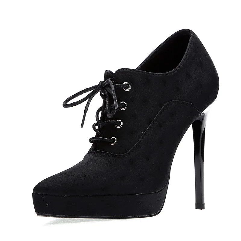 New Punk Women Ankle Boots Lace-Up Pointed Toe High Heel Black Chelsea Booties Pumps 12CM Stripper Shoes for Female