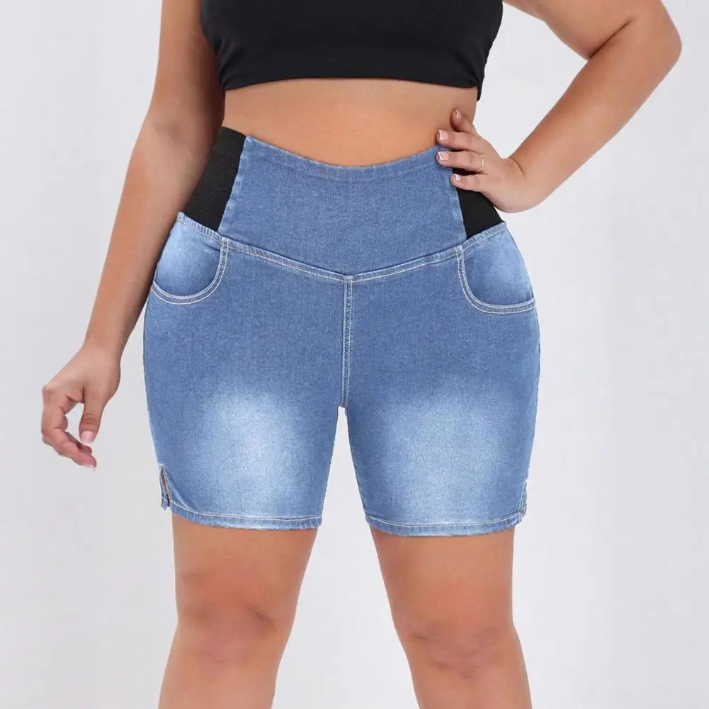 Women Jean Shorts with Slit Hem Anti-roll Denim Shorts for Women Women's Plus Size High Waist Bermuda Jean Shorts with Pockets