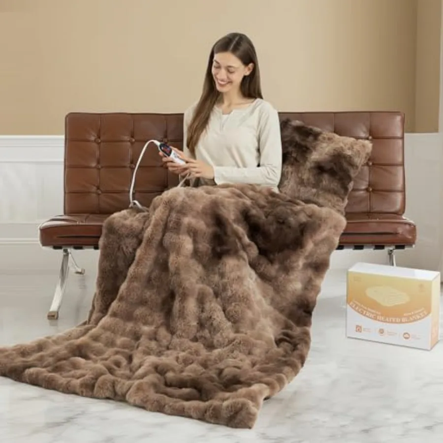 

Faux Fur Heated Blanket Throw for Couch - 50"X60" Bubble Faux Fur Electric Blanket Fluffy Fuzzy Soft Thick with 6 Fast Heating