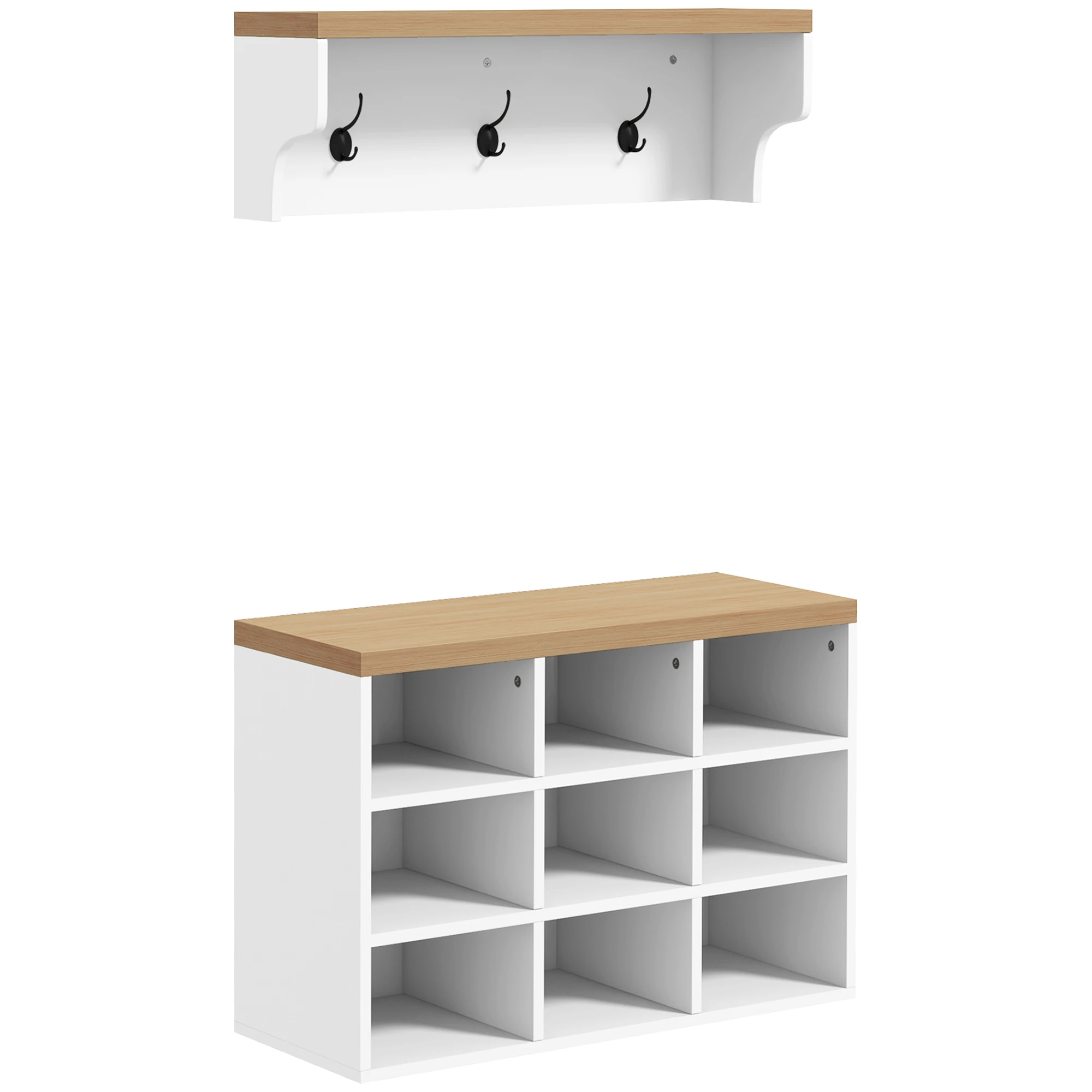 HOMCOM Recibidor con Perchero y Banco Zapatero Muebles de Entrada con 3 Ganchos y Estantes para 9 Pares de Zapatos Blanco