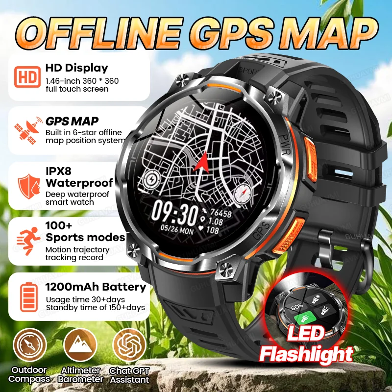 New Original Military GPS Smart Watch 1200mAh Battery Compass Flashlight IP68 Waterproof Chat-GPT BT Call Sport Men Smartwatches