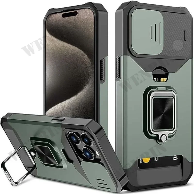 Case For iPhone 16 15 14 13 12 11 Pro Max Plus 8 7 Plus XR X SE 2022 Card Holder Slot Military Wallet Slide Camera Grade Case