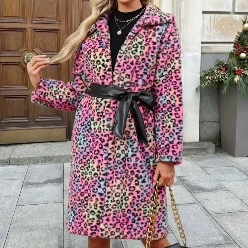

2025 Winter Thicken Warm Jackets Lengthen Coats Fur Fluffy Coats Jacket Outerwear Retro Womens Christmas Faux Fur Leopard Jacket