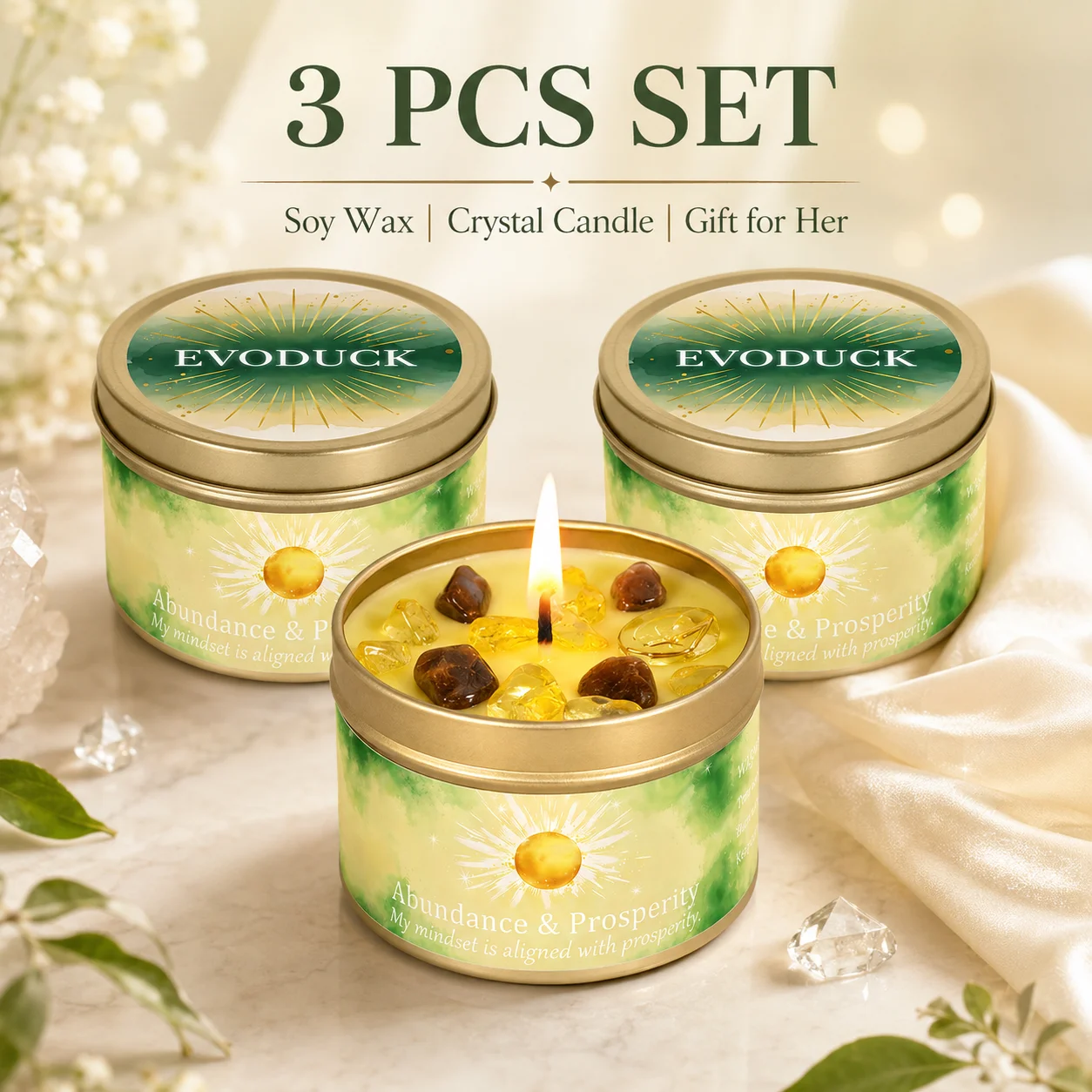 3Pcs Abundance & Prosperity Crystal Intention Scented Candle Set, Patchouli & Cinnamon Scented Soy Candles with Citrine & Tiger's Eye, Manifestation Wealth Money Attraction Aromatherapy Tin Candles, New Year Christmas Housewarming Gift