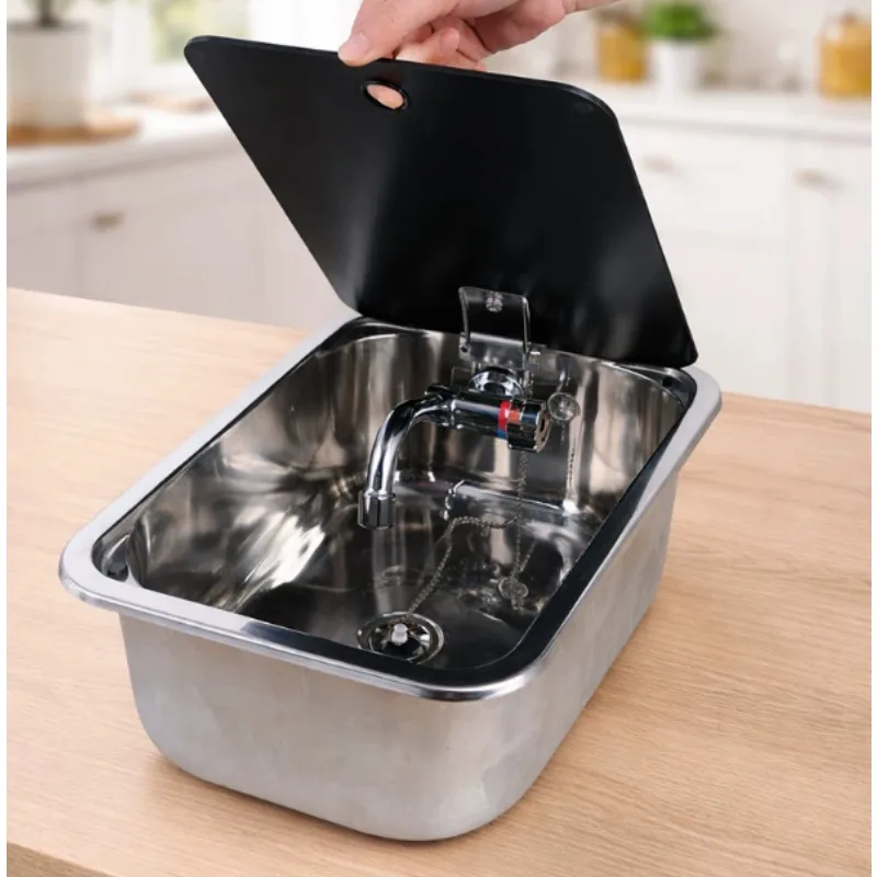 Hot and Cold Tap Water RV Sink with Faucet, 304 Stainless Steel Square Basin, Suitable for Camper Kitchen