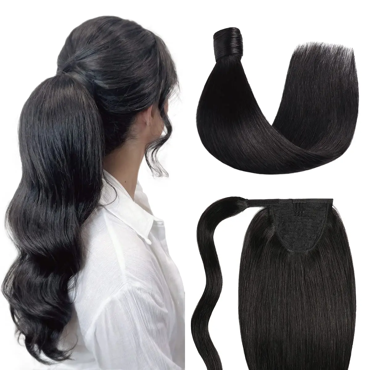 Straight Ponytail Human Hair Wrap Around Clip in Hair Piece Ponytail Extension Human Hair Straight Human Hair Ponytail Extension