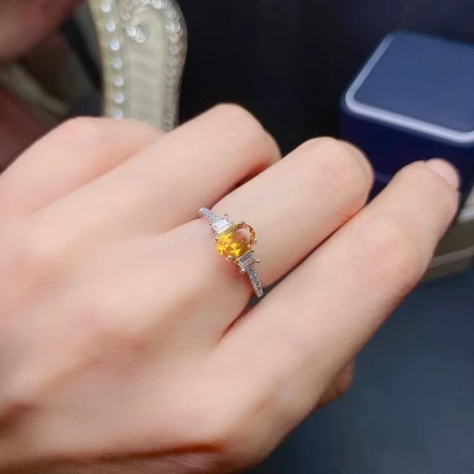 

Fashion Silver Crystal Ring for Engagement 5mm*7mm Natural Citrine Ring Sterling Silver Gemstone