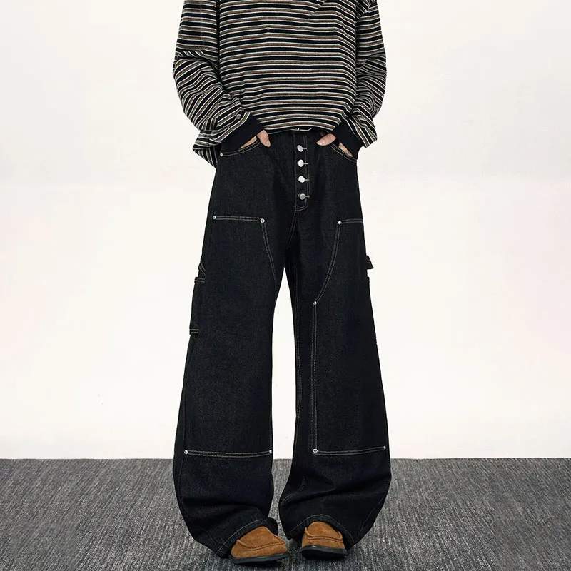 

Новый корейский ретро дизайн рабочей одежды с большими карманами для мужчин, изогнутые джинсы, свободные широкие брюки, повседневные брюки