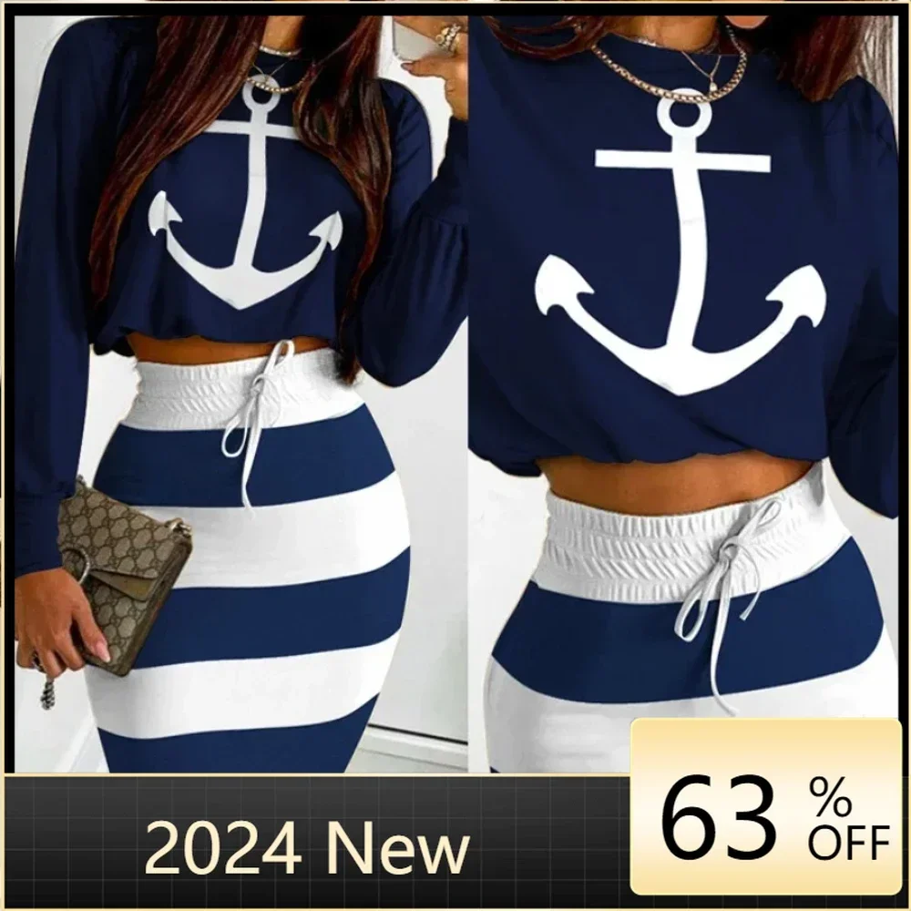 

Boat Anchor Print Top & Striped Print Drawstring Casual Skirt Sets Summer European & American Women's Fashion Two Piece Set