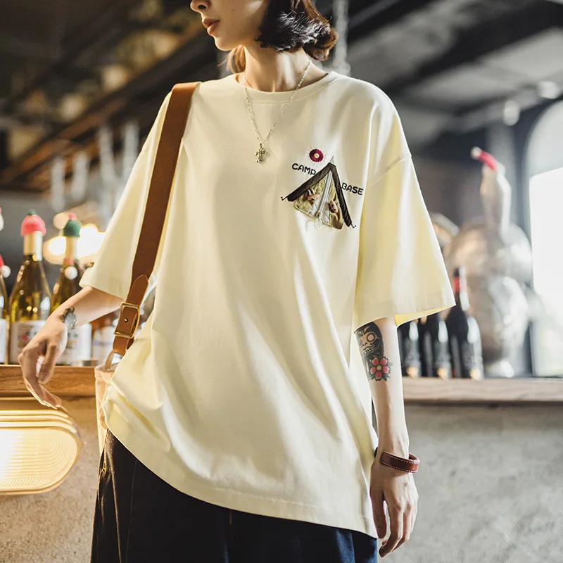 

Maden Unisex Vintage Embroidered Patchwork Short Sleeves T-Shirt Heavyweight Loose Cotton Tee Ribbed Crew Neck Retro Casual Top