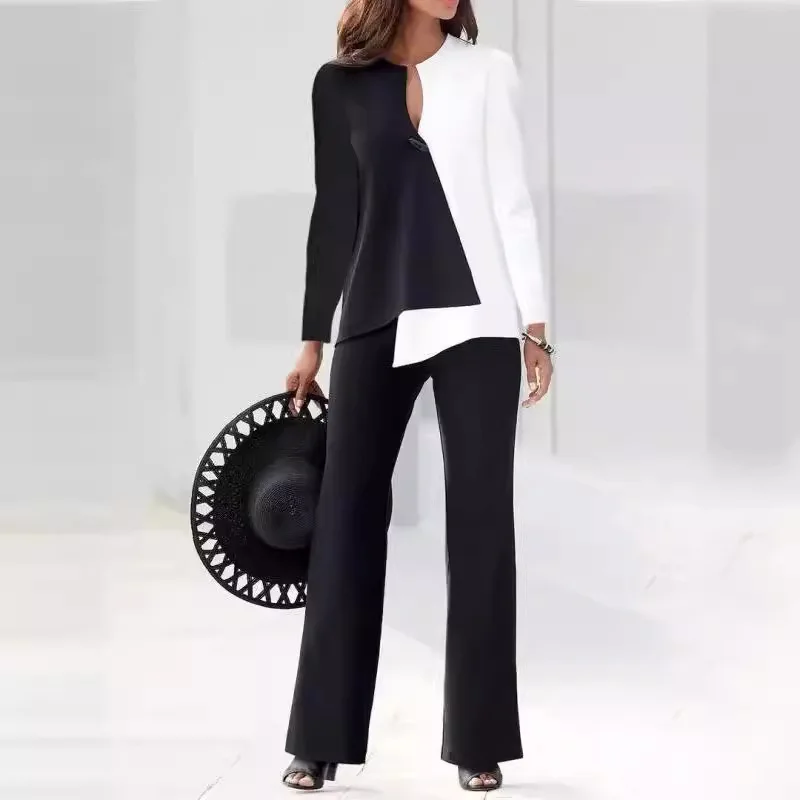 2 Pieces Suit Women\'s Casual Colorblock Long Sleeve Top and Wide Leg Pants Set Spring Fashion V Neck 3D Print Women\'s Clothing