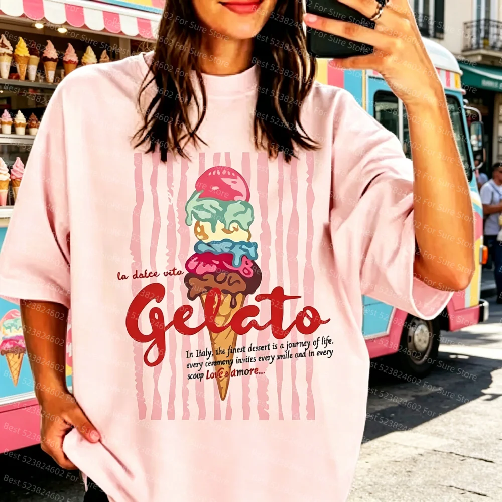 Ice Cream A 'Le Dolce Vita Gelato' Print Shirt Casual Women's Graphic Tops Tees Vintage Tee Short Sleeve T-Shirt Female Clothes