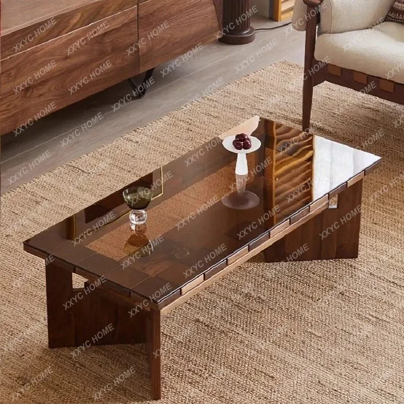 imported black walnut small apartment coffee table solid wood glass rectangular double-layer tea table