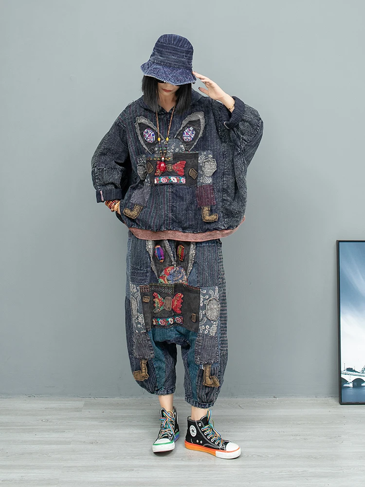 Women Autumn Loose Suit Patchwork Hooded Long-sleeved Pullover Oversized Top Elastic Waist Cross-pants Streetwear Two-piece Set