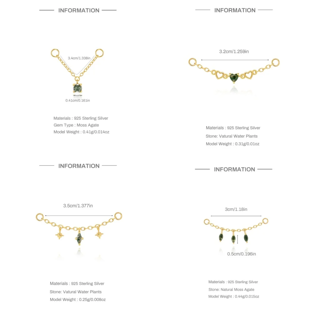 CANNER 1개 S925 실버 그린 모스 천연 수생 식물 마노 다이아몬드 모양 팔각형 스타 체인 피어싱 뼈 네일