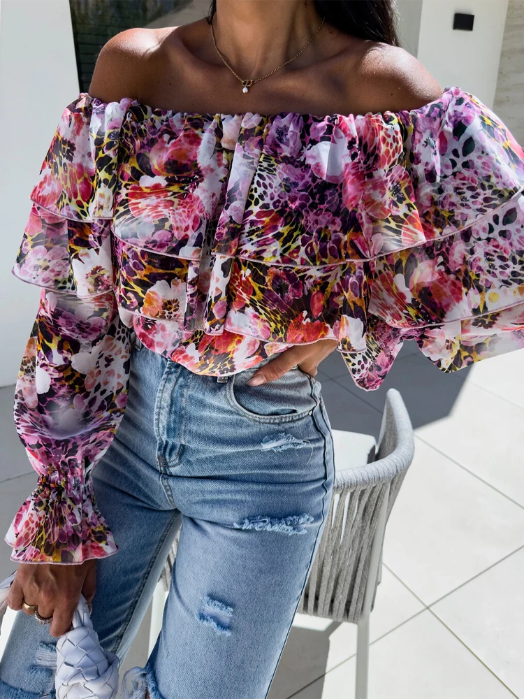 Summer Fashion Off Shoulder Printed Chiffon Blouse Women Sexy Beach Style Slash Neck Ruffle Chiffon Shirt Women Pullover Tops