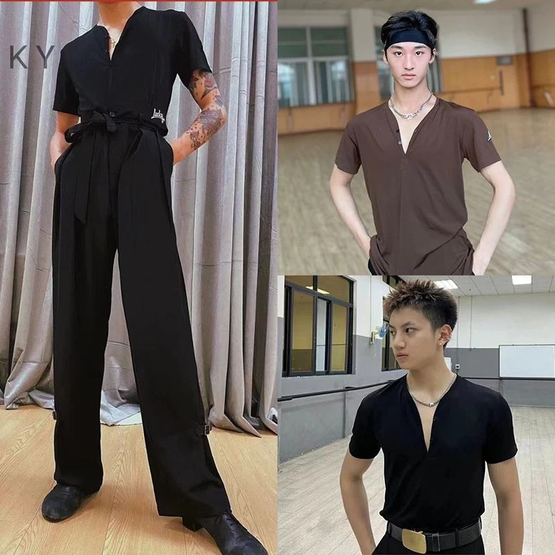 

Latin Dance Costume Men Short Sleeves Tops Straight Black Pants Cha Cha Dance Practice Clothing Performance Dance Wear DNV21826