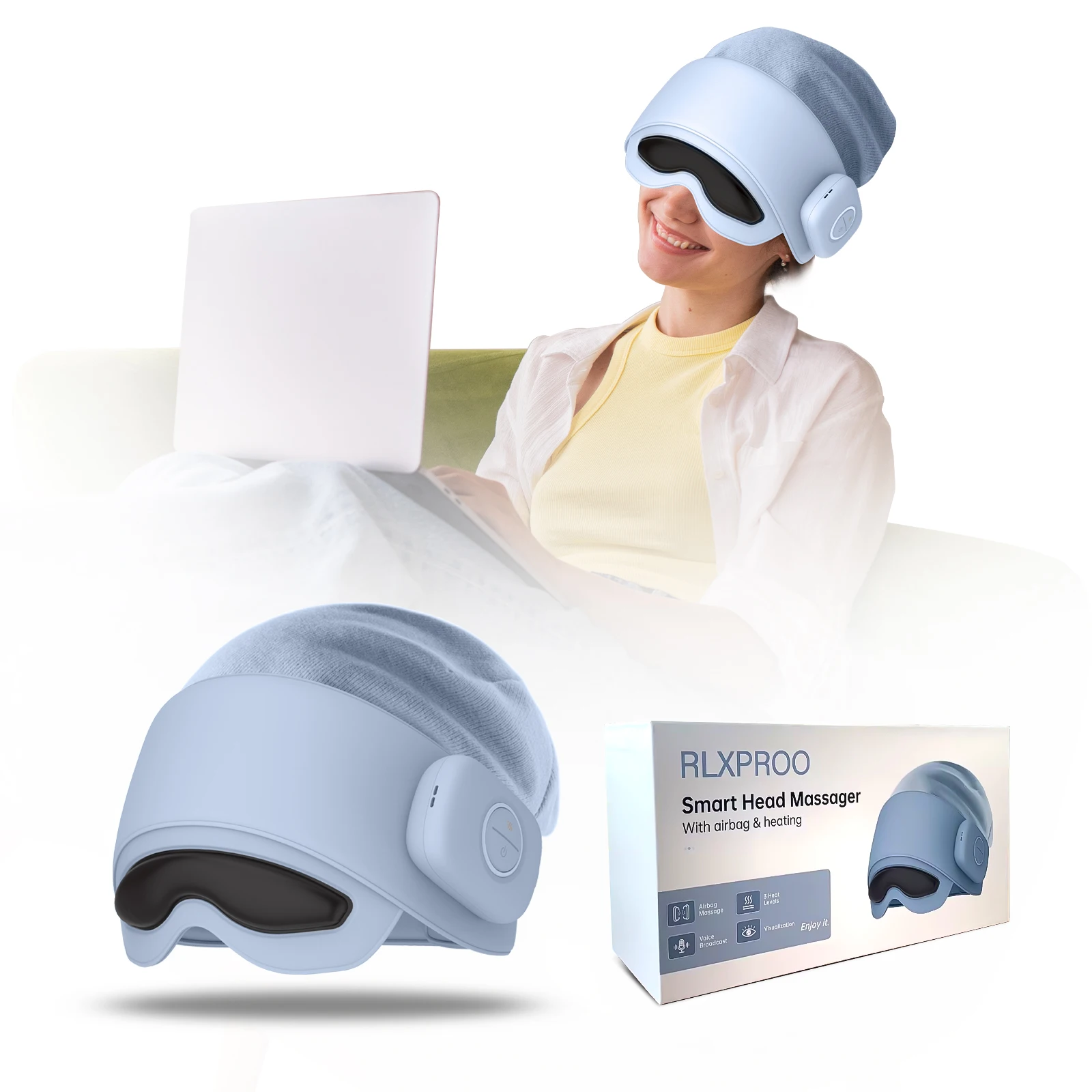 

Head Massager with Eye Mask for Fatigue Relief, 4 Modes, 2 Heat Settings, Bluetooth-Capable, Rechargeable,Ideal for Rest & Relax
