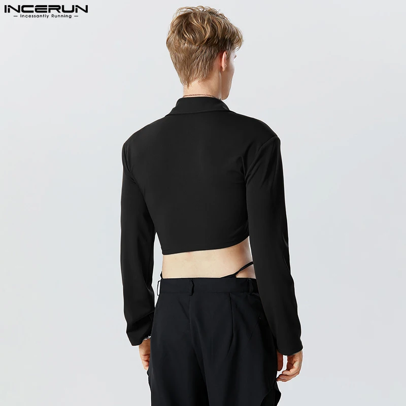 Men Shirt Solid Color Lapel Long Sleeve Hollow Out Fitness Sexy Personality Camisas 2023 Streetwear Fashion Crop Tops INCERUN