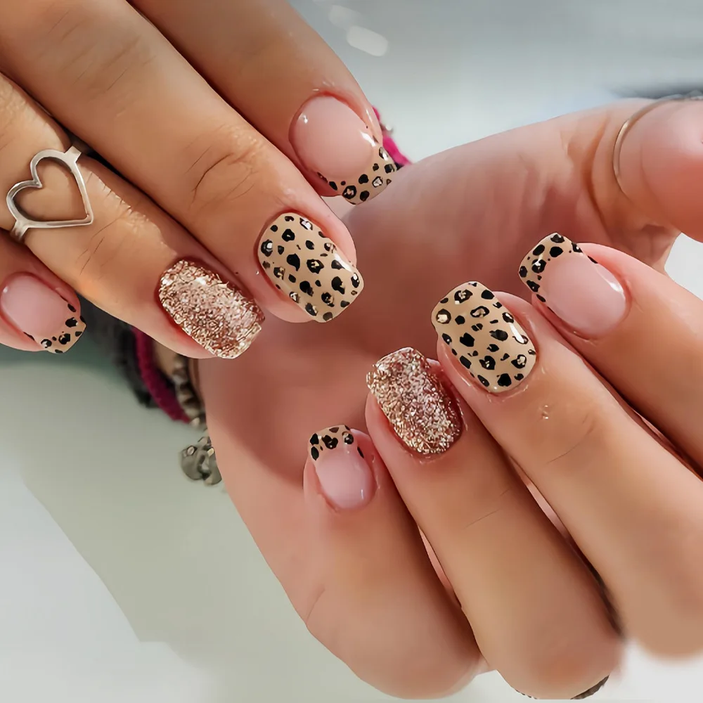 Short long fake nails for women girls fashion leopard black purple blue glossy or glitter shiny french tips press on false nail