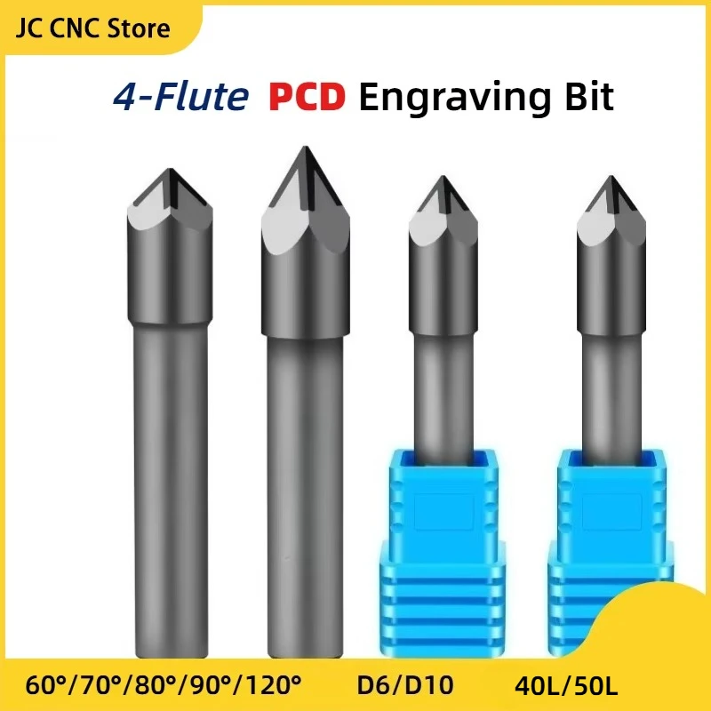 Weitol 1pc 6mm Diamond 4 Flutes Engraving Bits PCD CNC router bits for marble, granite, bluestone milling cutter