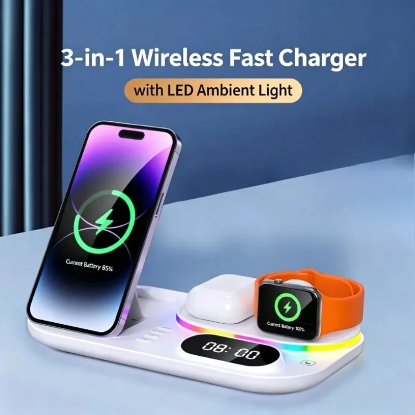 Multi Device Wireless Charging Dock RGB Light Clock Fast Charging Stand For iPhone 17-12 Pro Max Samsung S26 S25 Watch AirPods