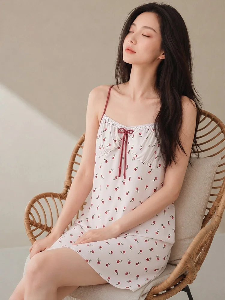 Pure Desire Style  Knot Small Flower Women's Sleepwear with Chest Pad Home Clothes Summer Ice Silk Loose Fit