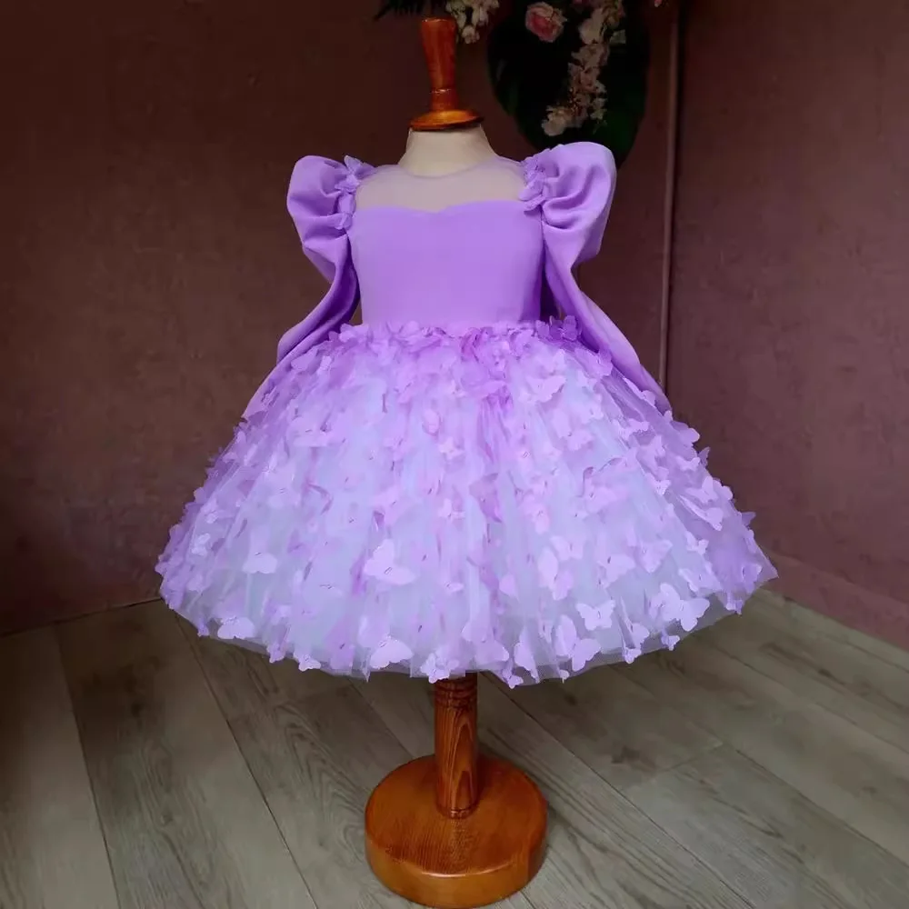 Vestido tutú de princesa morado para niña, vestido de fiesta de 1er cumpleaños con cuentas y lazo grande de manga larga para niña pequeña