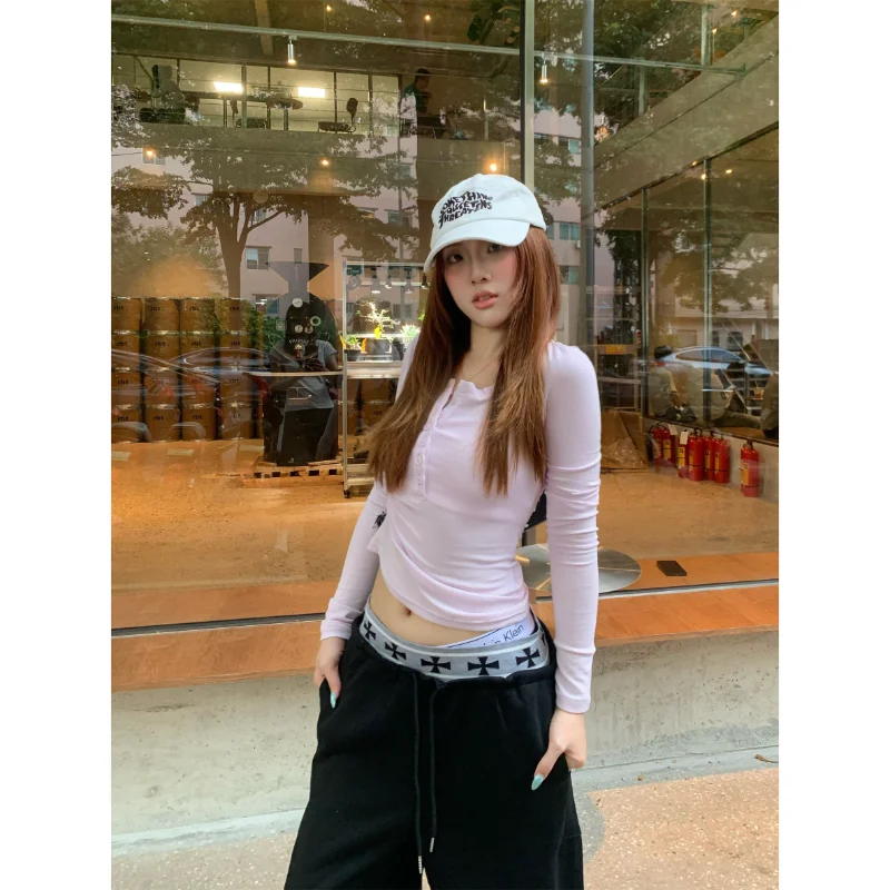 Basic  Color Henry Collar Long Sleeve T-Shirt Women's Versatile Slimming Base Layer Top Polyester Fiber Regular Thickness