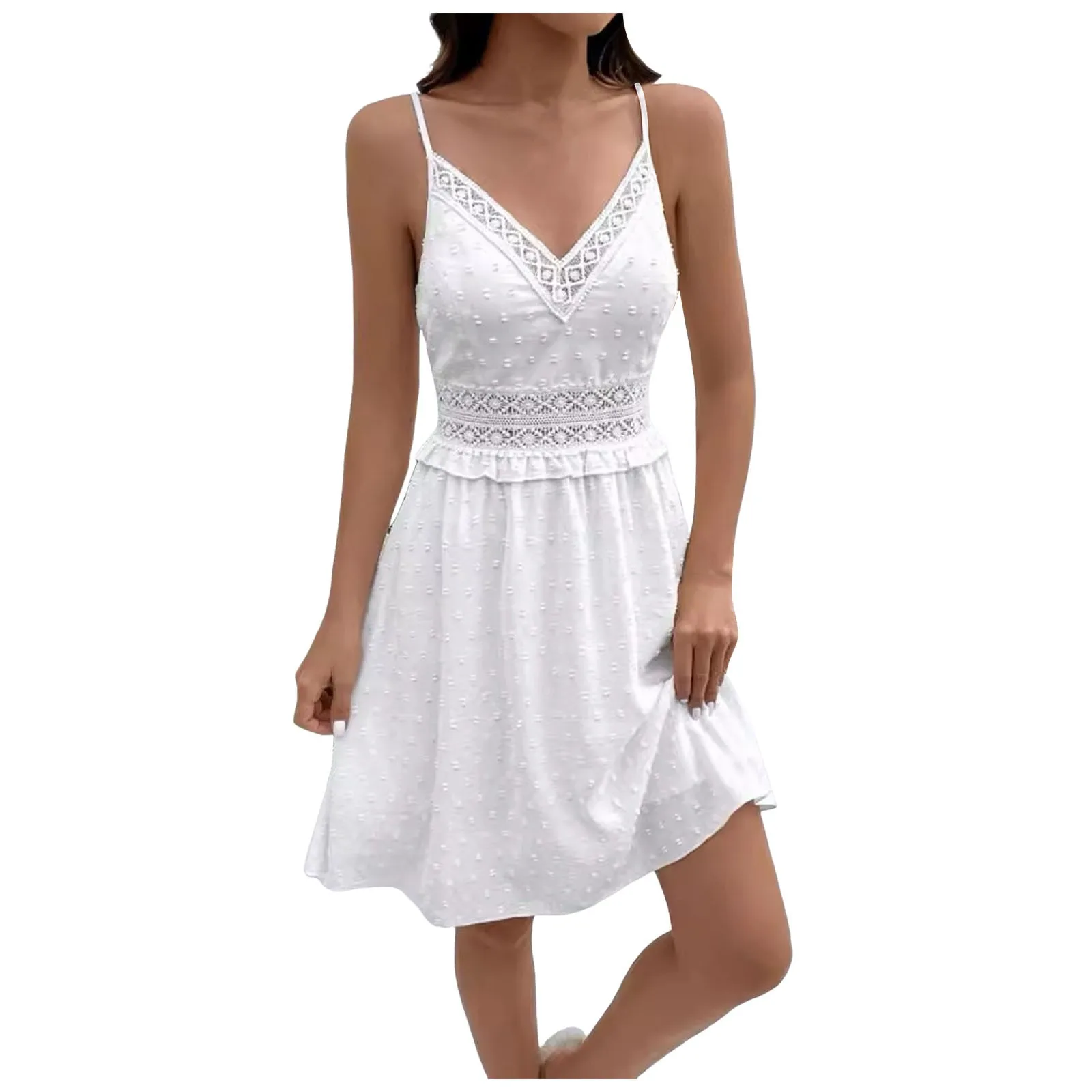 

Dresses Summer Women's Summer Sexy Pure Color Sling Lace Stitching V Neck Dress Dress for Women Swing with Sleeve