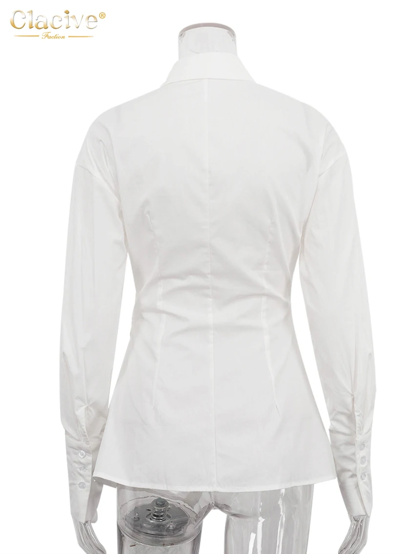 Clacive Fashion Slim White Cotton Women's Shirt 2025 Bodycon Lapel Long Sleeve Shirts Elegant Classic Solid Top Female Clothing