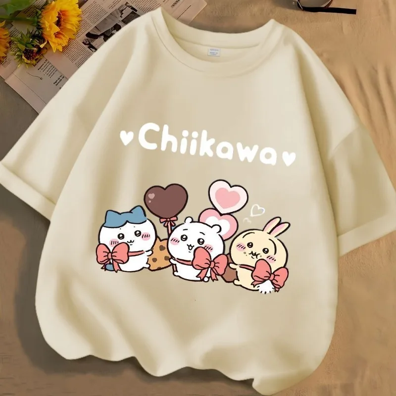 Bonito chiikawa impressão dos desenhos animados algodão manga curta em torno do pescoço camiseta feminina na moda verão bonito solto moda feminina camisetas topos