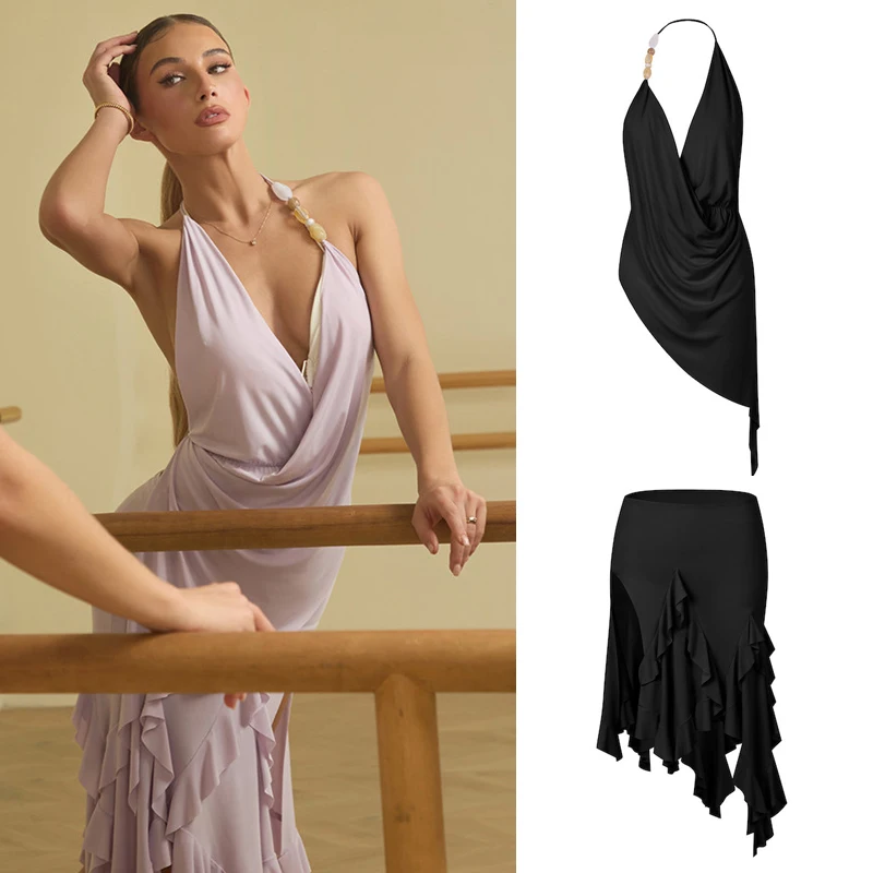 ZYM Adults Rumba Ballroom Dance Competition Suit Women'S Latin Dance Costume Sexy Halter Latin Top Ruffled Skirts SL15877