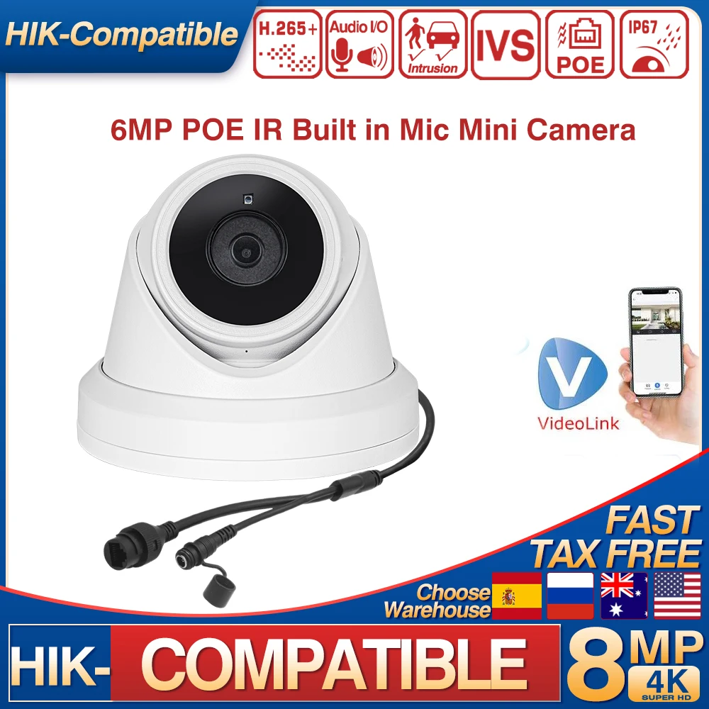 Hikvision Compatible 6MP IR POE Mini Camera Built in Mic Human Vehicle Detection Night Vision CCTV Security Video Surveillance