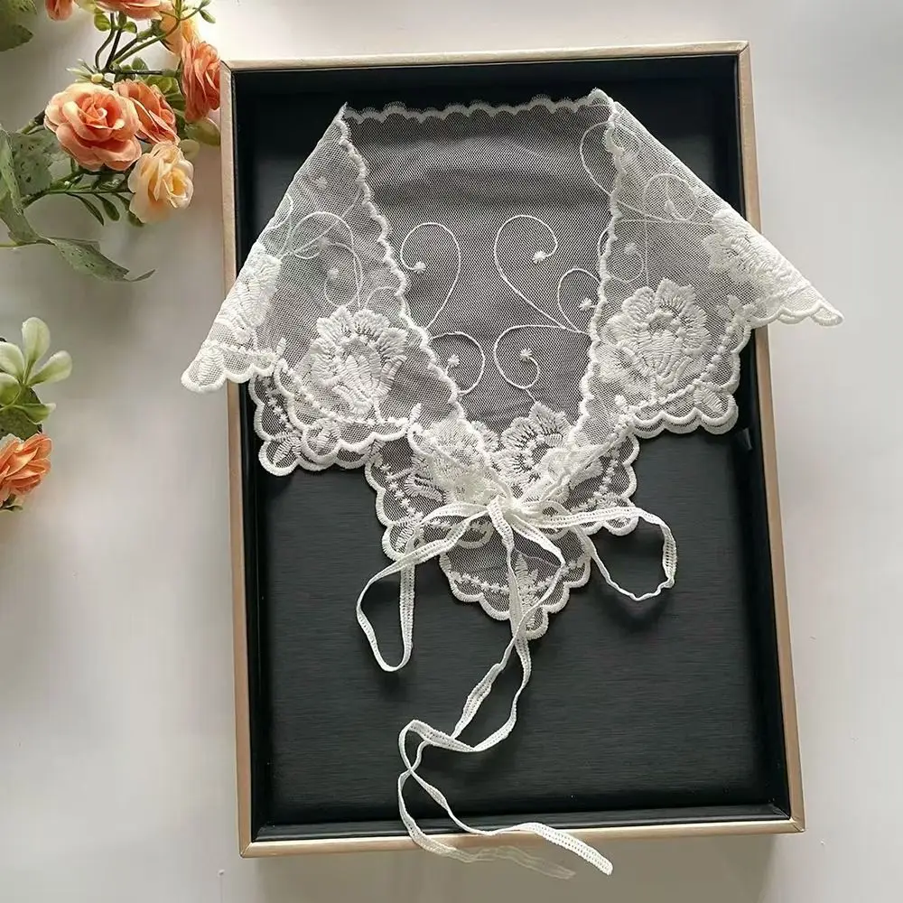 Elegant White Woven Floral Lace Hair Scarf Wraps Breathable Retro Lace Hair Accessories Sweet Print Hair Bandana Travel