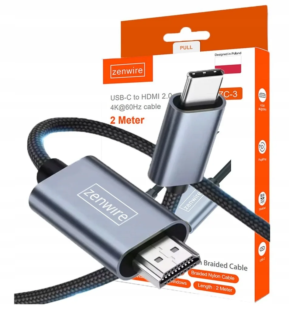 Zenwire KABELADAPTER USB-C naar HDMI 2.0 4K 60Hz MHL 2m kabeladapter USB-C naar HDMI voor pc-laptop