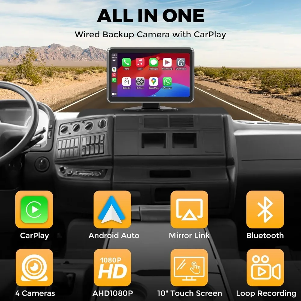 جديد - نظام كاميرا احتياطية بـ 4 قنوات للشاحنات والمركبات الترفيهية والمقطورات وCarplay وAndroid Auto وشاشة تعمل باللمس مقاس 10 بوصات