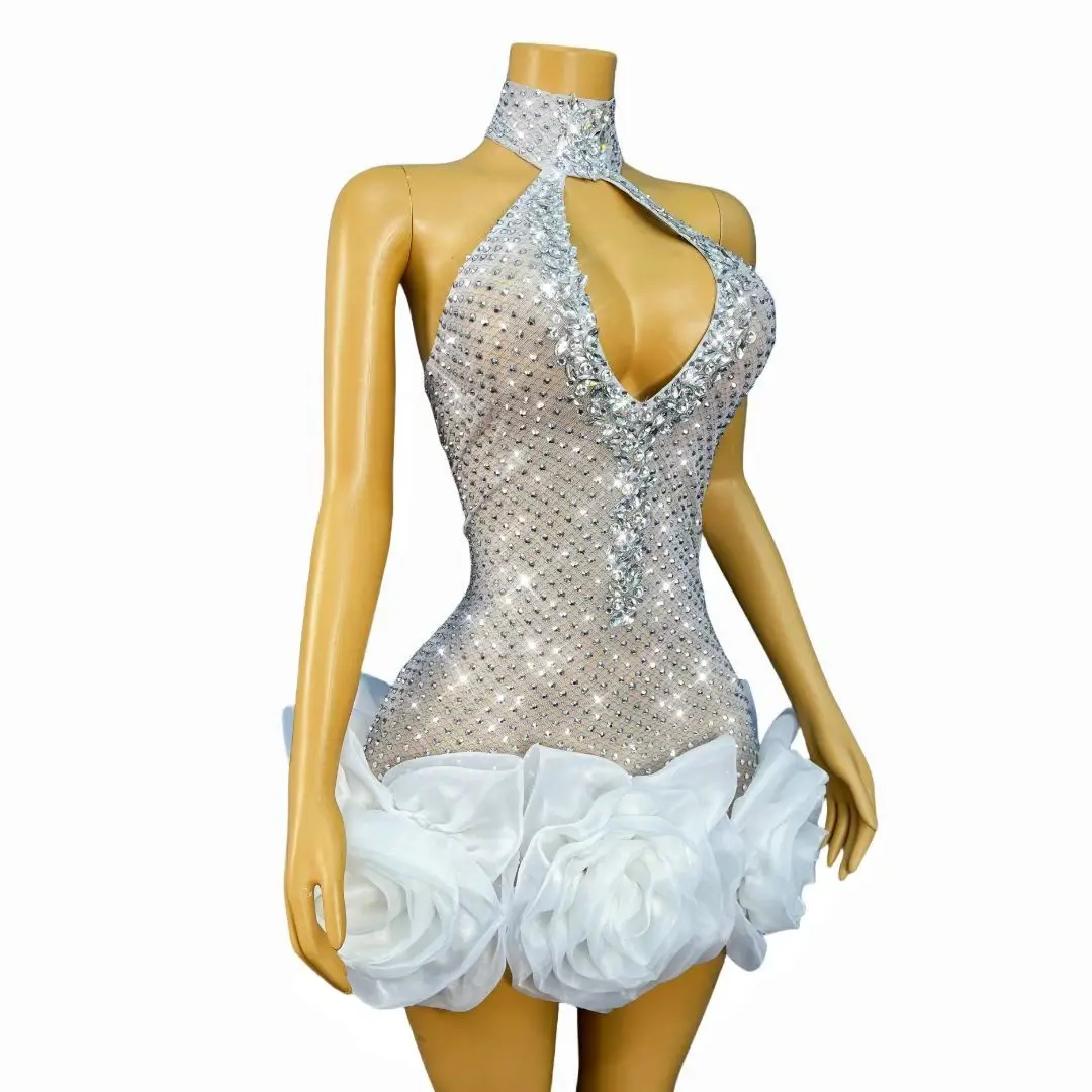 Wanghua-vestido de noche elegante para mujer, falda con brotes de flores en 3D con diamantes de imitación, traje de actuación de barra hueca Sexy, vestido de fiesta de boda