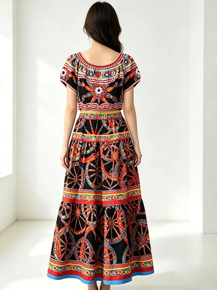 Women's Retro Ethnic Wind Wheel Print Two-Piece Dress One-Shoulder Bubble Sleeve Blouse High Waist Long Skirt Holiday Suit