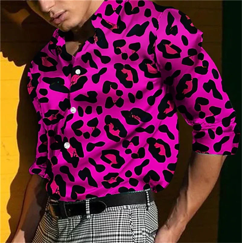 Leopard Print Shirt Men's Cuffed Fashion Casual Men's Soft Comfort High End Party Tops Men's Street Long Sleeve Clothing Tops